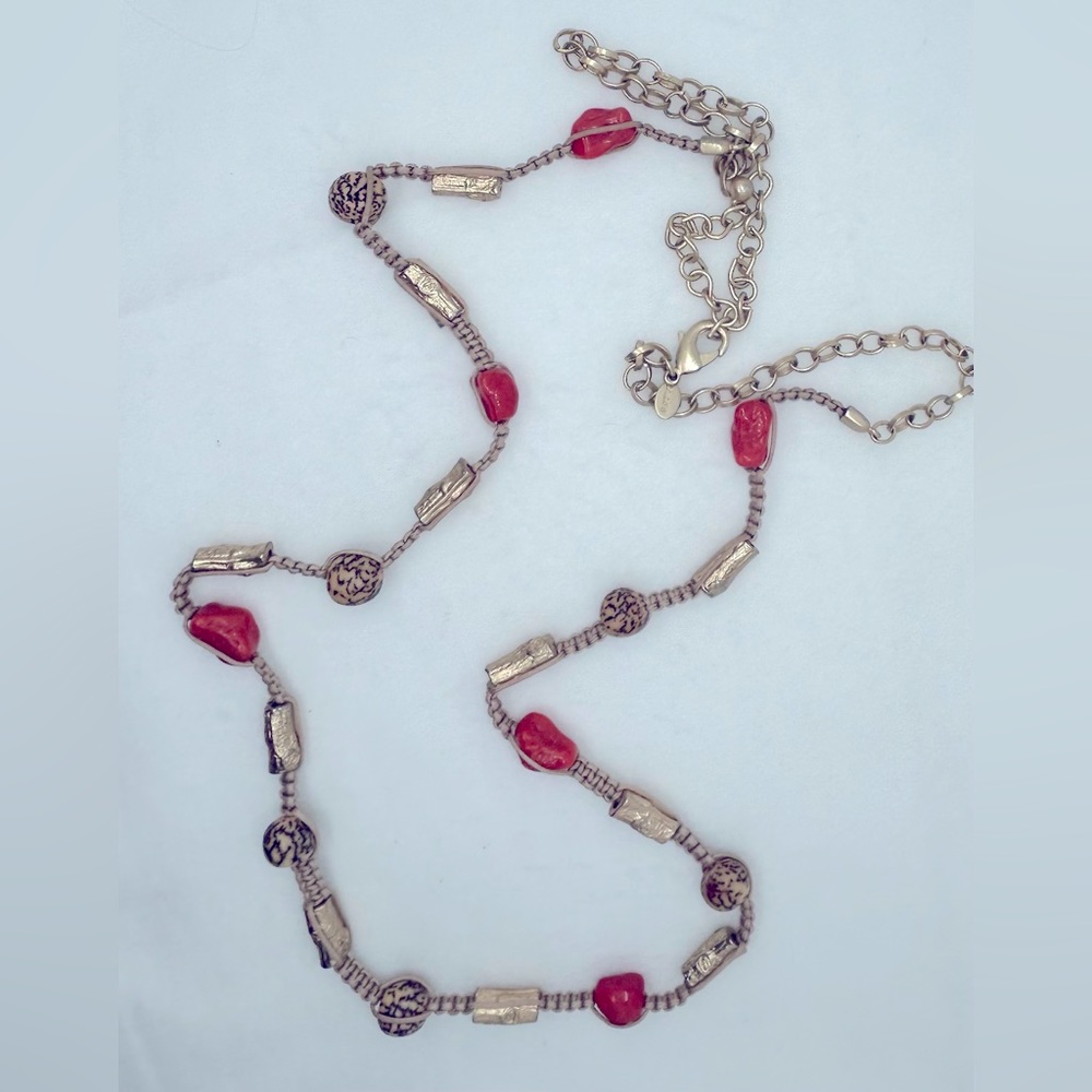 Chico’s Hemp Macrame long Necklace with Red, Gold and tan beads